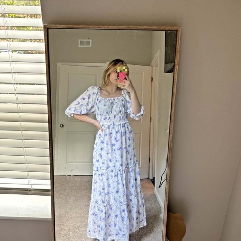 LoveShackFancy Dress Womens XS Floral Smocked Maxi‎ Puff Sleeve Cottagecore Boho